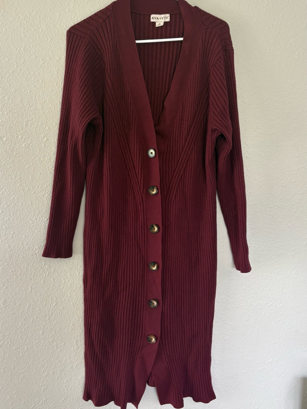 Ava & Viv Wine Ribbed Button-Front Long Cardigan 3x